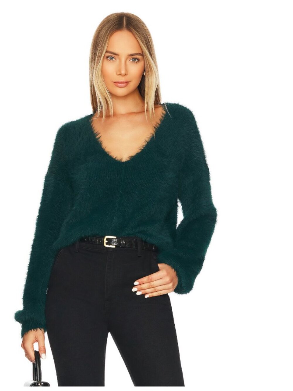 Lovers + Friends Malia Fuzzy V-Neck Sweater in Deep Teal